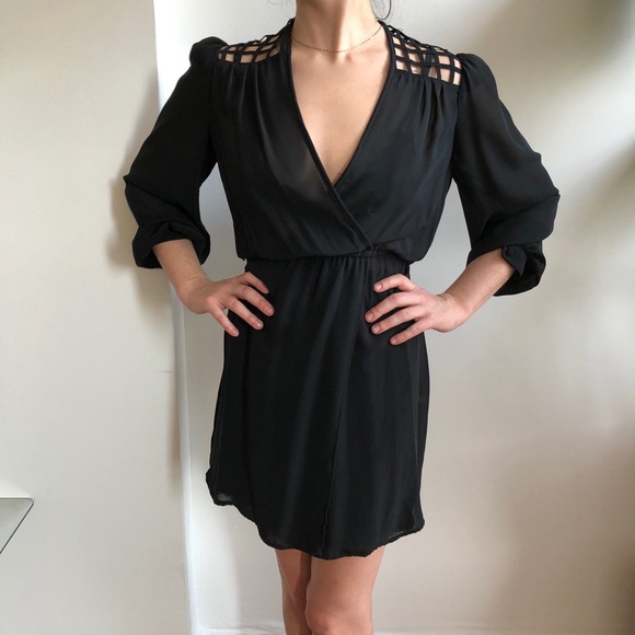 Vintage Black Sheer V-neck Mini Dress w/ Caged Style Lattice Open Back - Small - Picture 9 of 13